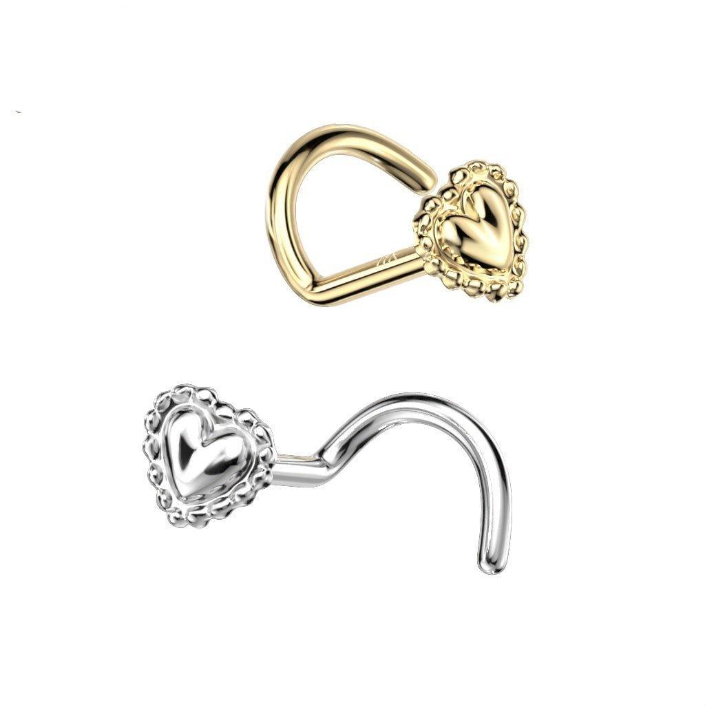 14kt Gold Beaded Heart Nose Screw 20G-My Body Piercing Jewellery