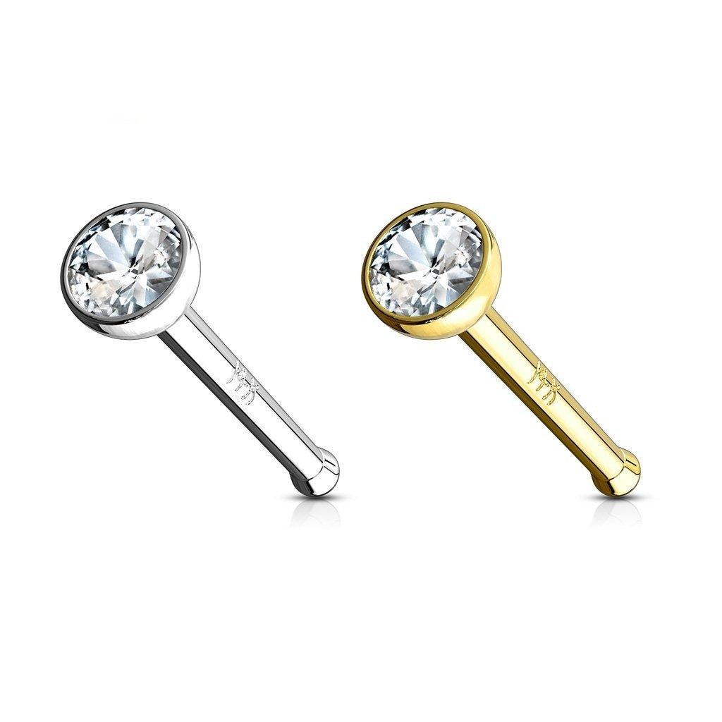 14kt Gold Bezel Gem Nose Bone 20G 18G-My Body Piercing Jewellery