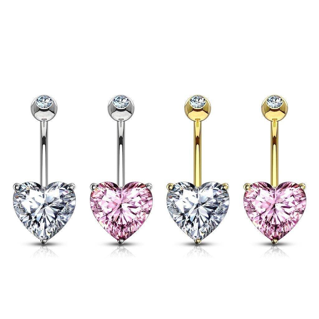 14kt Gold Heart Gem Belly Bar 14G-My Body Piercing Jewellery