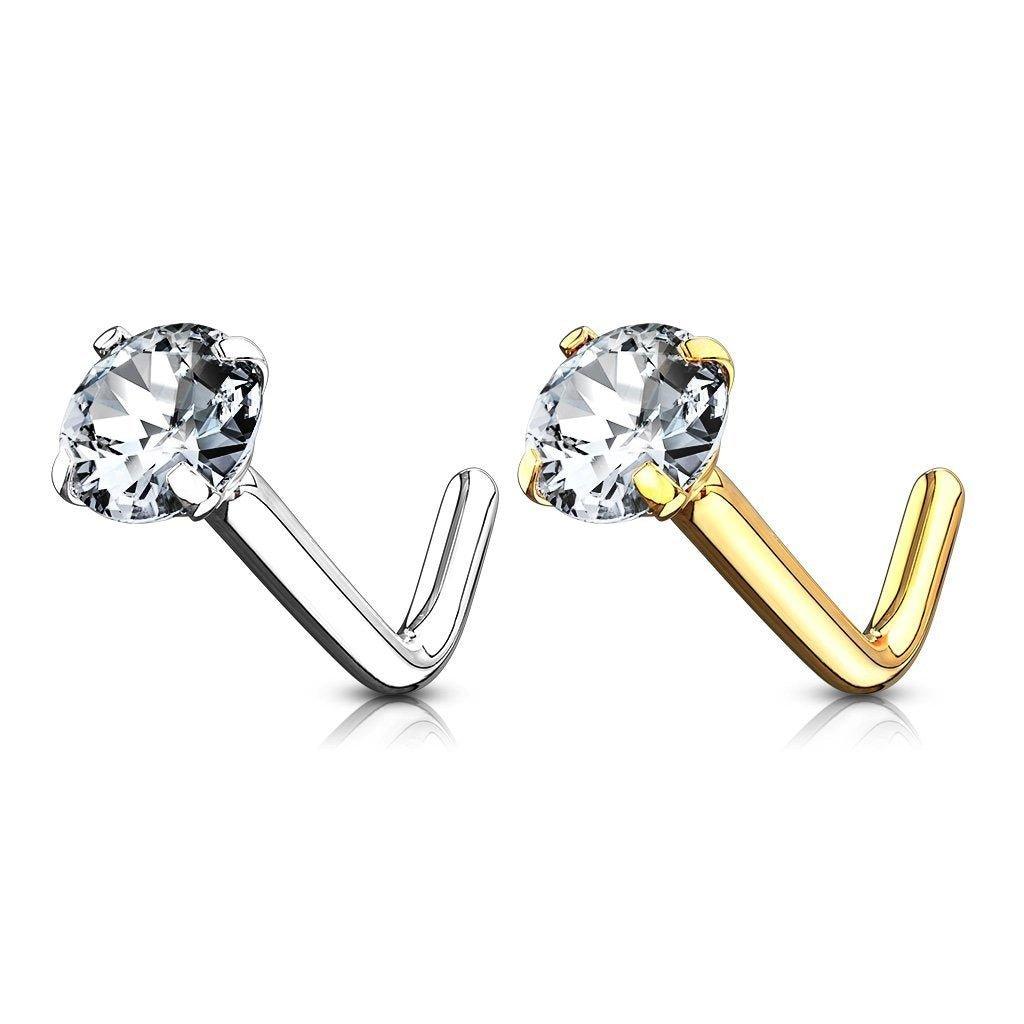 14kt Gold Prong Gem Nose L Bend 20G 18G-My Body Piercing Jewellery
