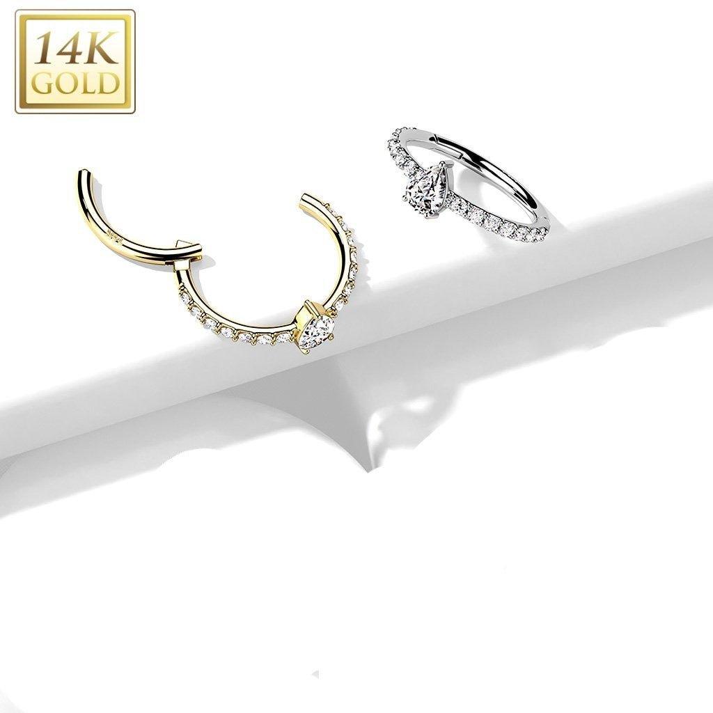 14kt Gold Side Paved Drop Hinged Ring 16G-My Body Piercing Jewellery