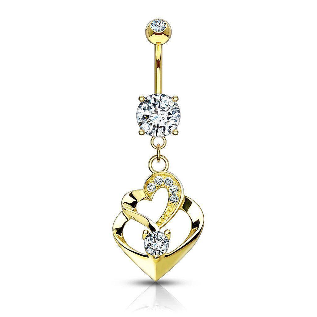 14kt Yellow Gold Double Heart Belly Bar 14G-My Body Piercing Jewellery