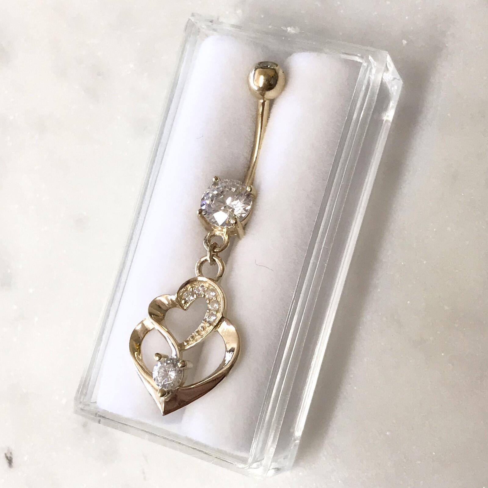 14kt Yellow Gold Double Heart Belly Bar 14G-My Body Piercing Jewellery