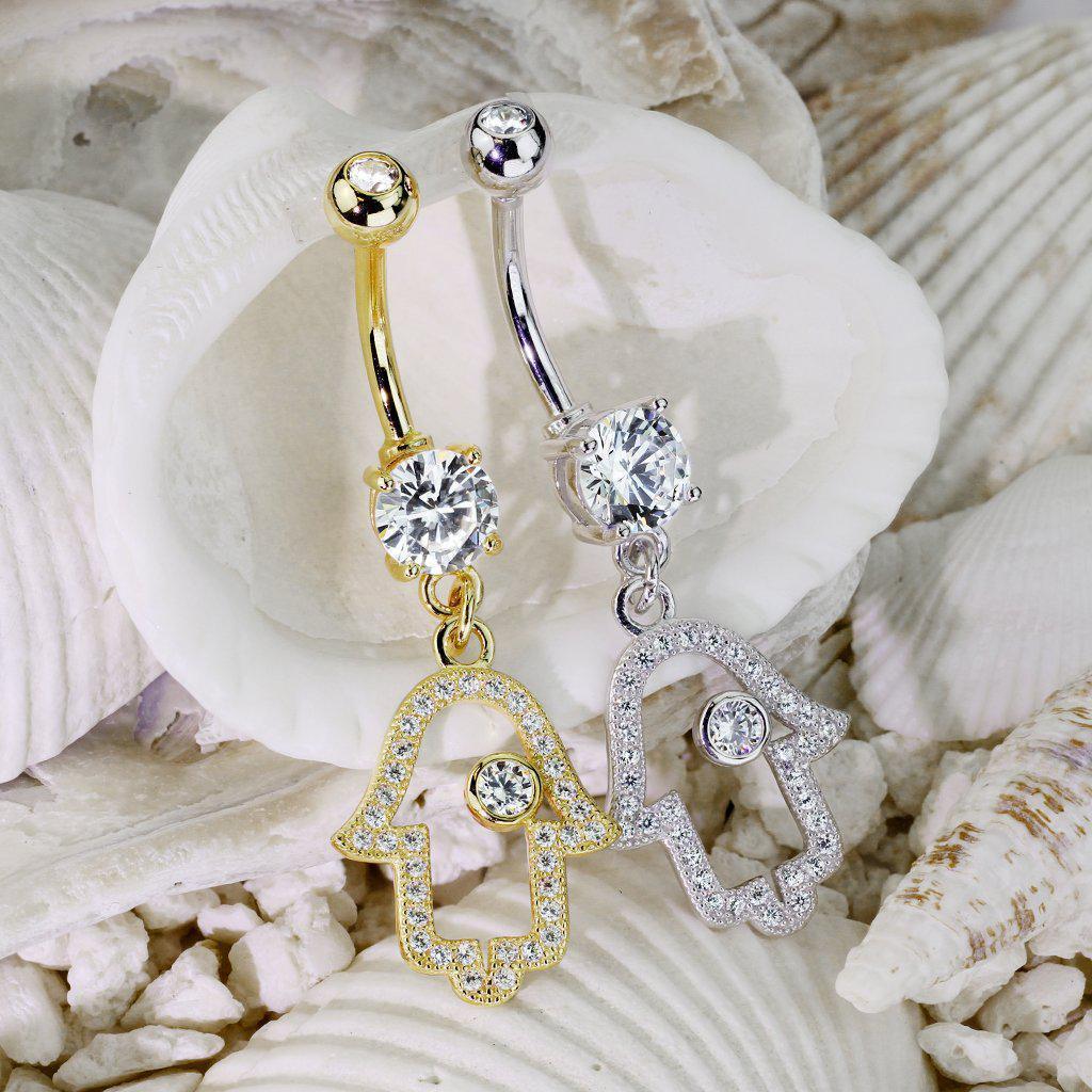 14kt Yellow Gold Hamsa Dangle Belly Bar 14G-My Body Piercing Jewellery