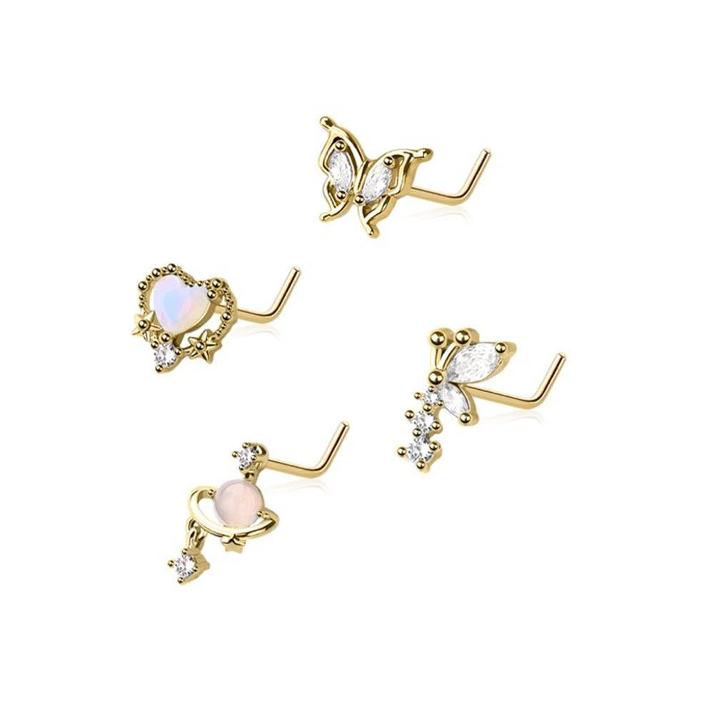 4pc Nose L Bend 20G Butterfly & Heart