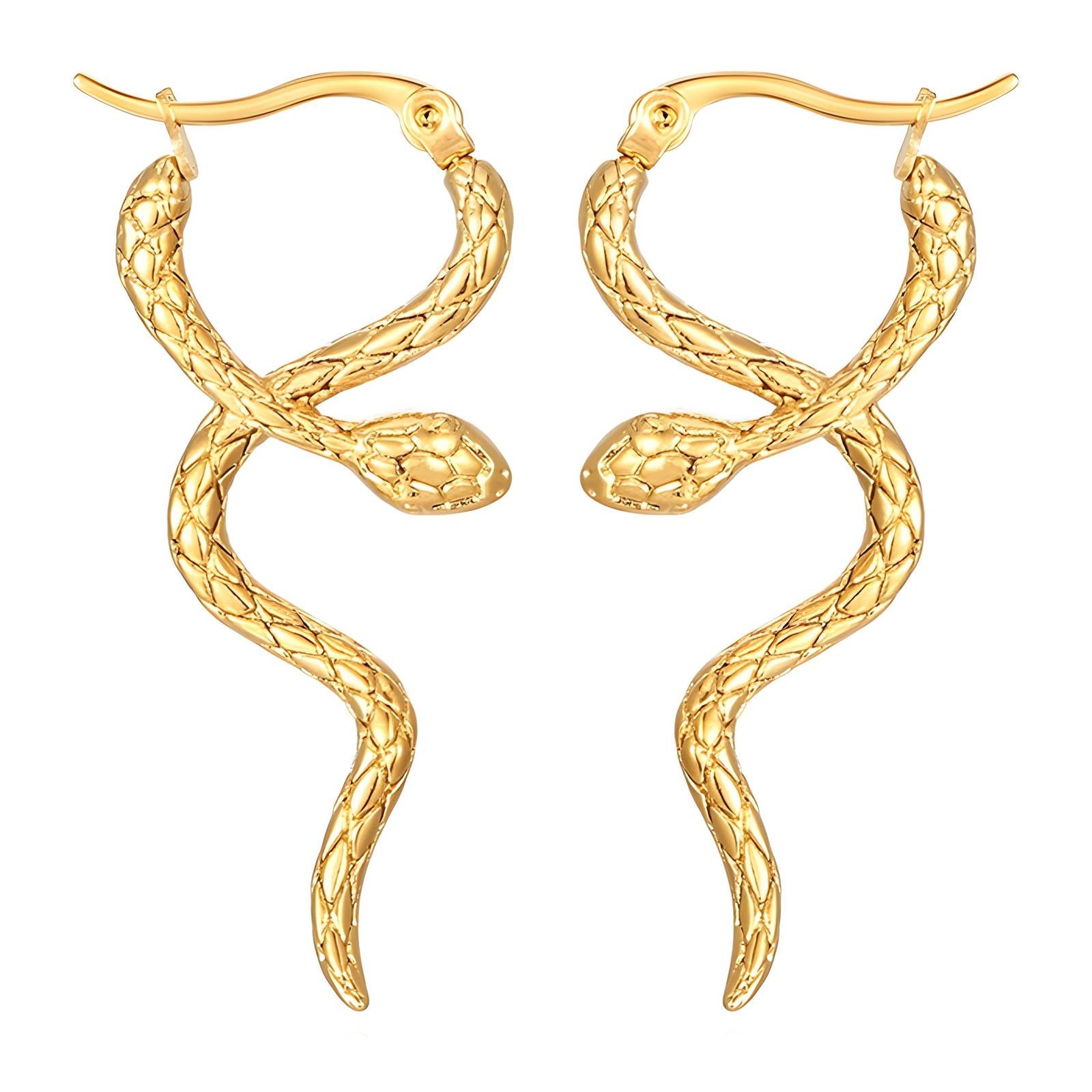 Gold snake-shaped earrings on a white background