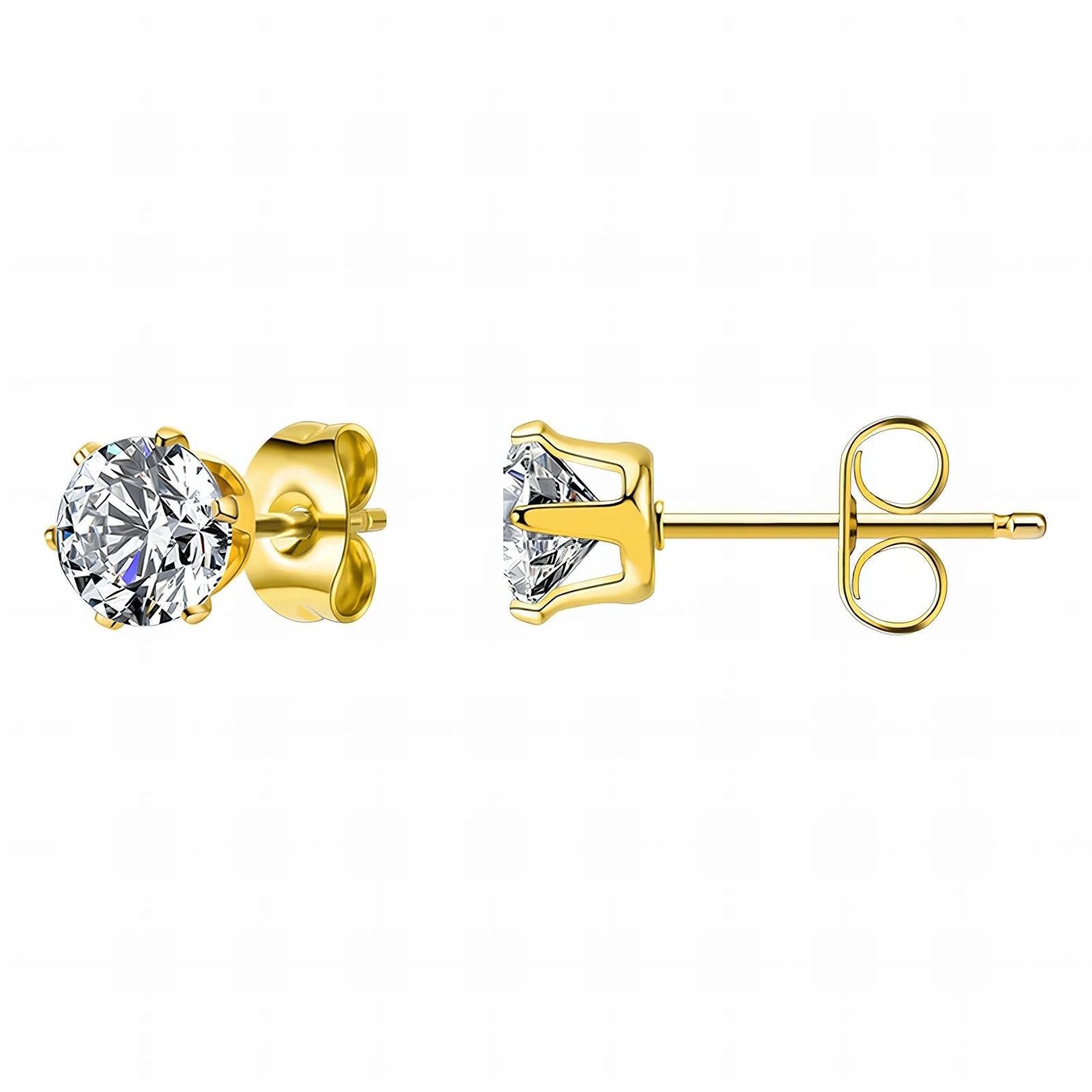 Gold stud earrings with clear gemstones on a white background