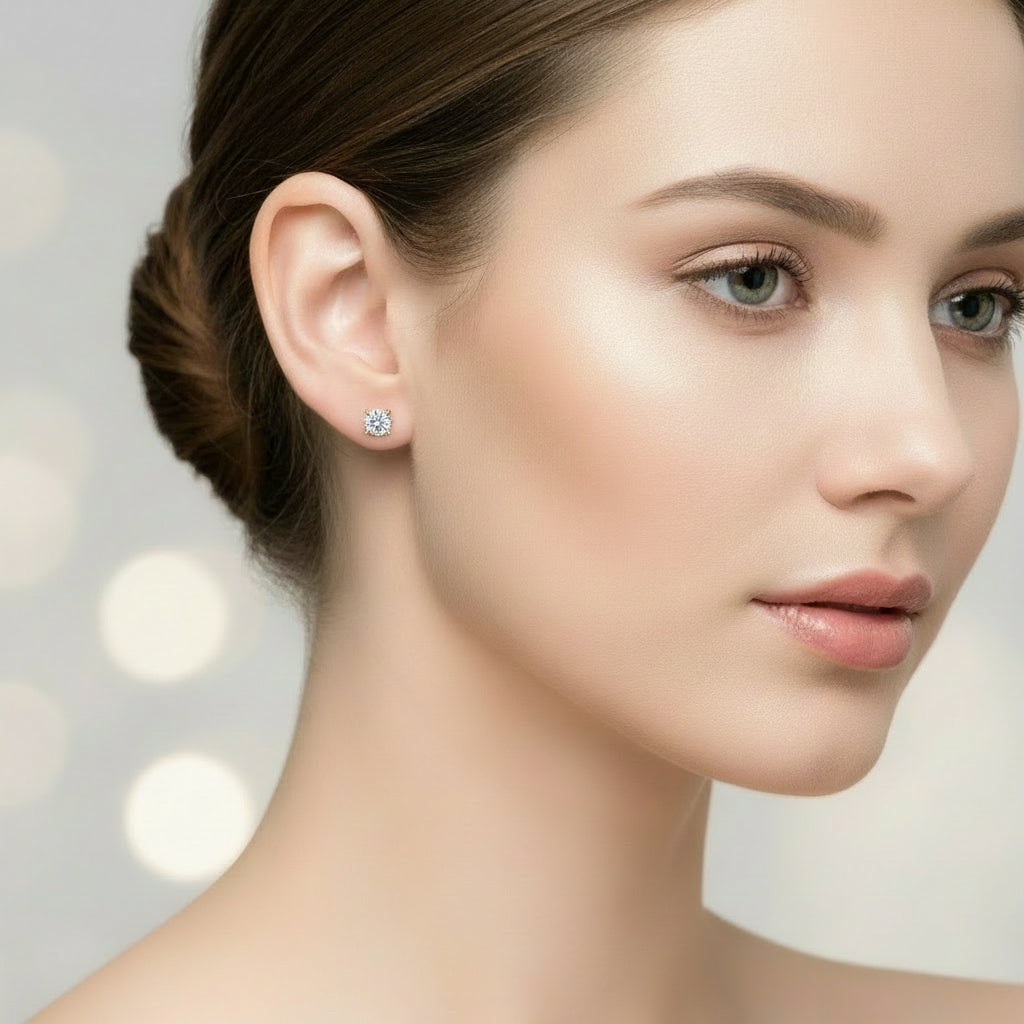 Close-up of a woman wearing a diamond earring with a blurred background
