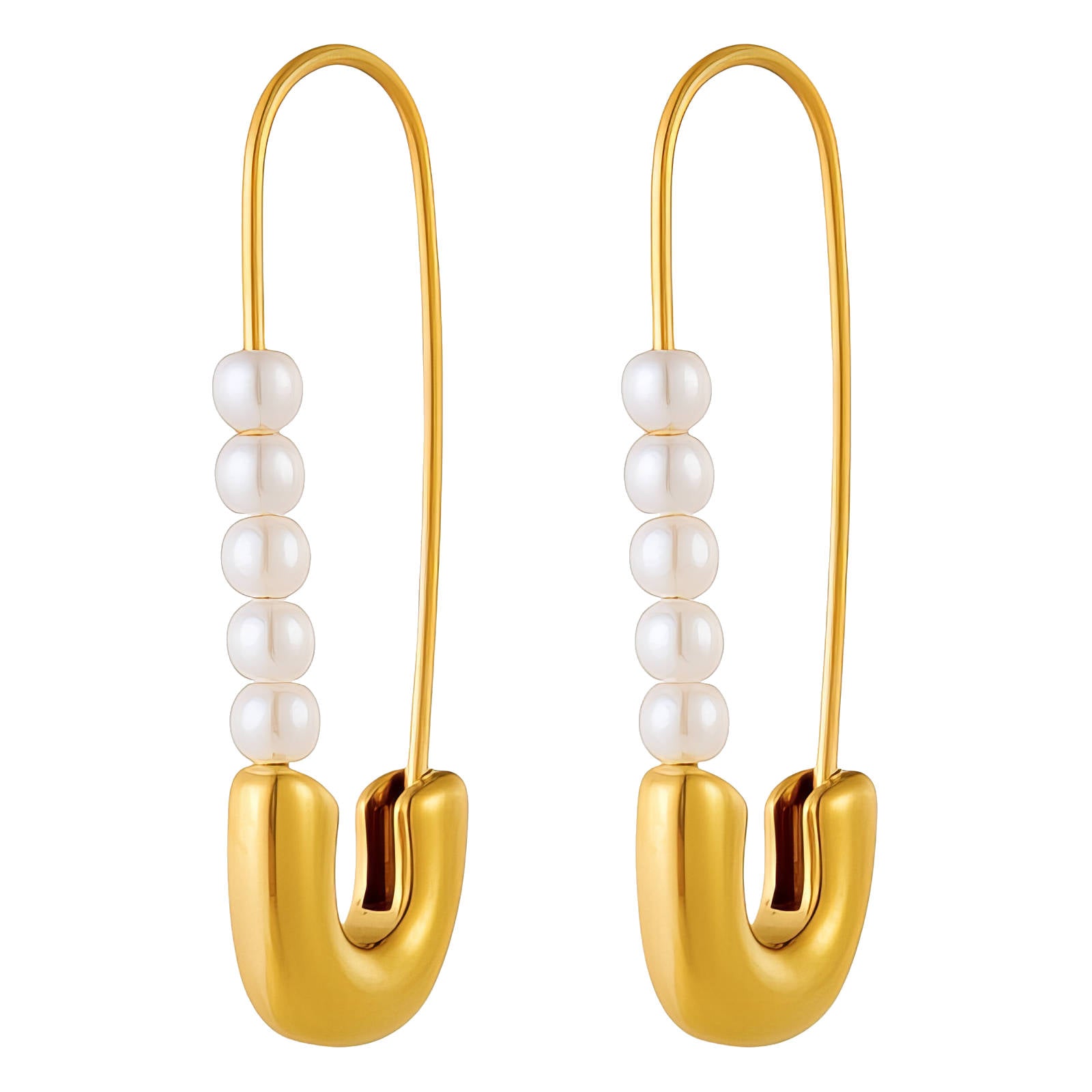 Gold earrings with pearl beads on a white background