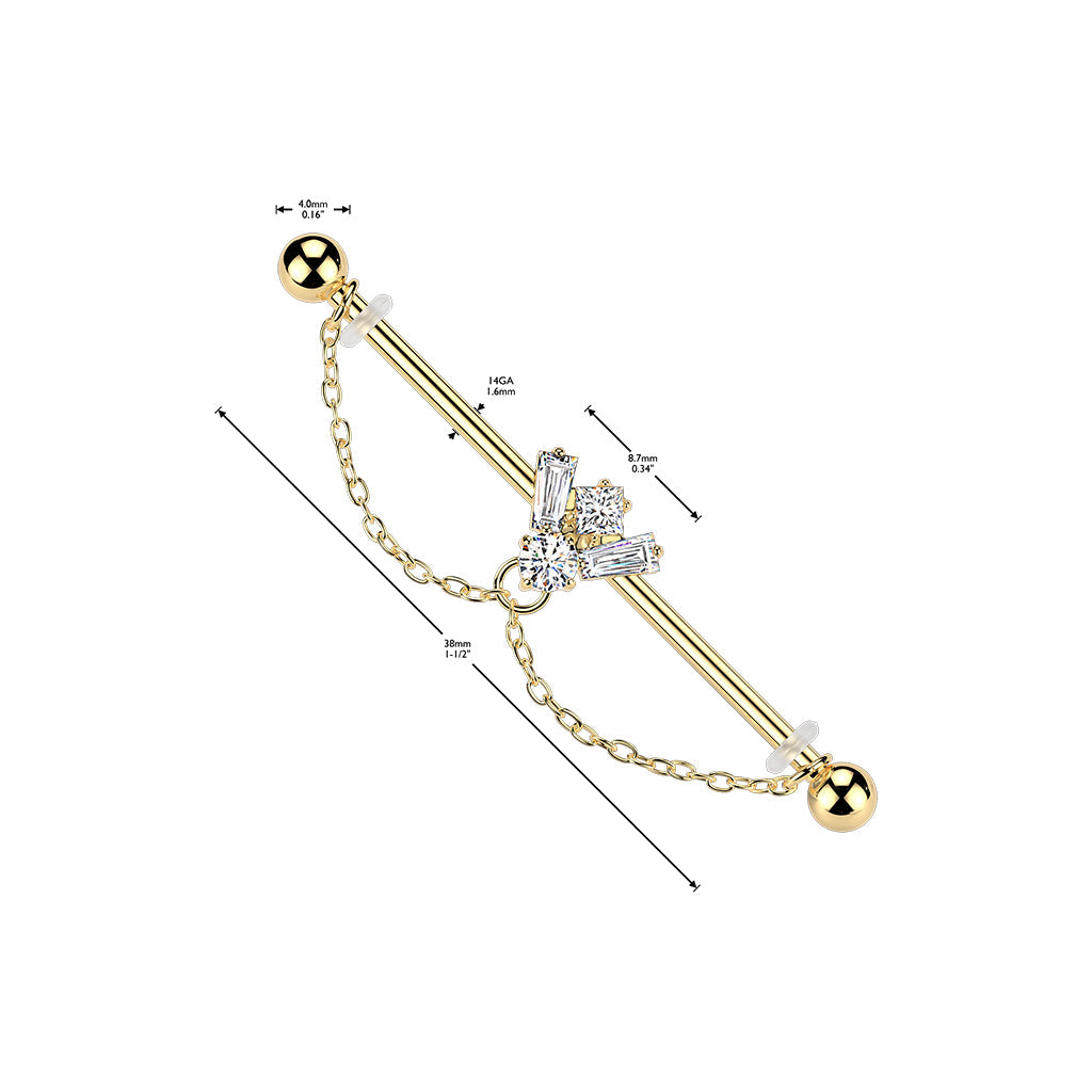 Gem Bee Chain Industrial Bar with measurements – Gold or Silver 316L Surgical Steel with CZ Gem Bee and Double Chain Accents for Industrial Piercing