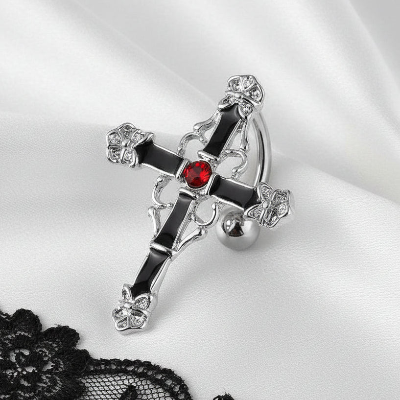 Cross top drop belly bar 14G surgical steel – refined MBPJ jewellery