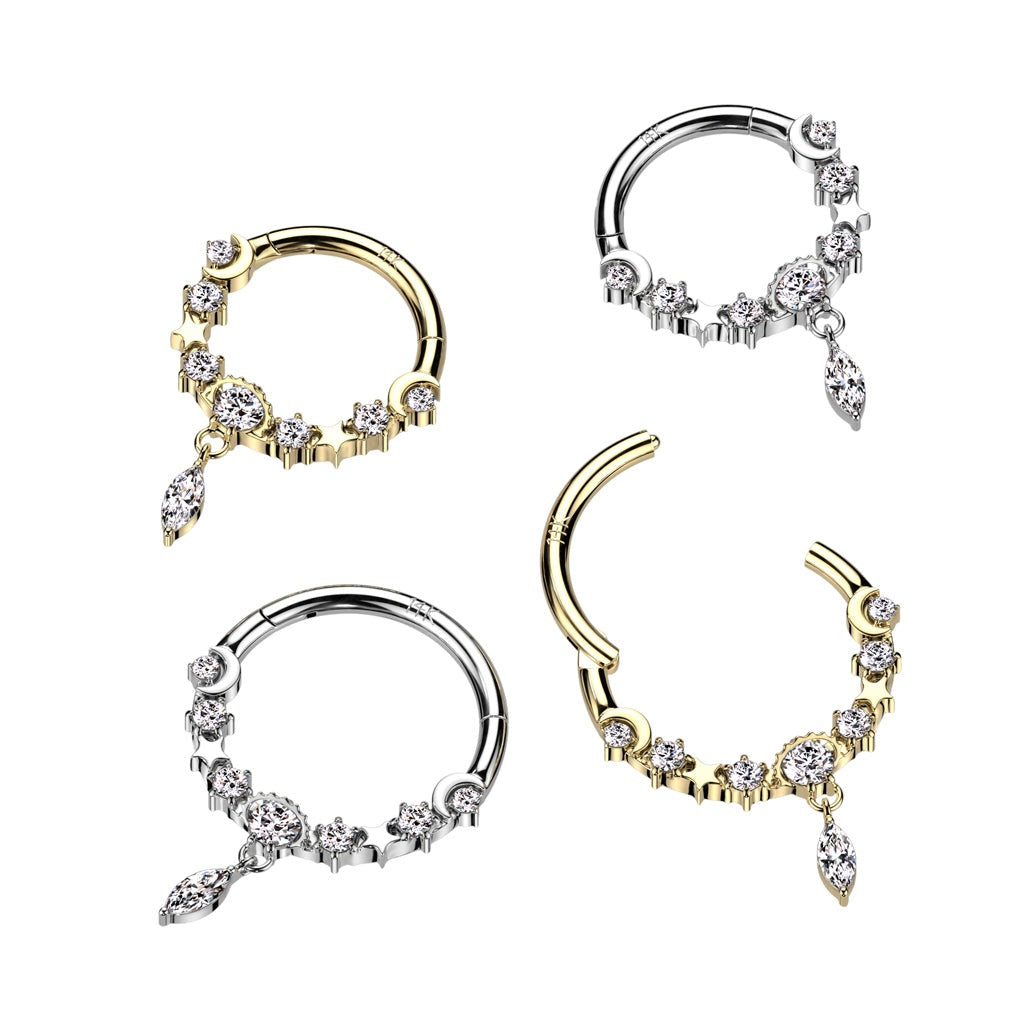 14kt Gold Moon and Star Hinged Ring 16G