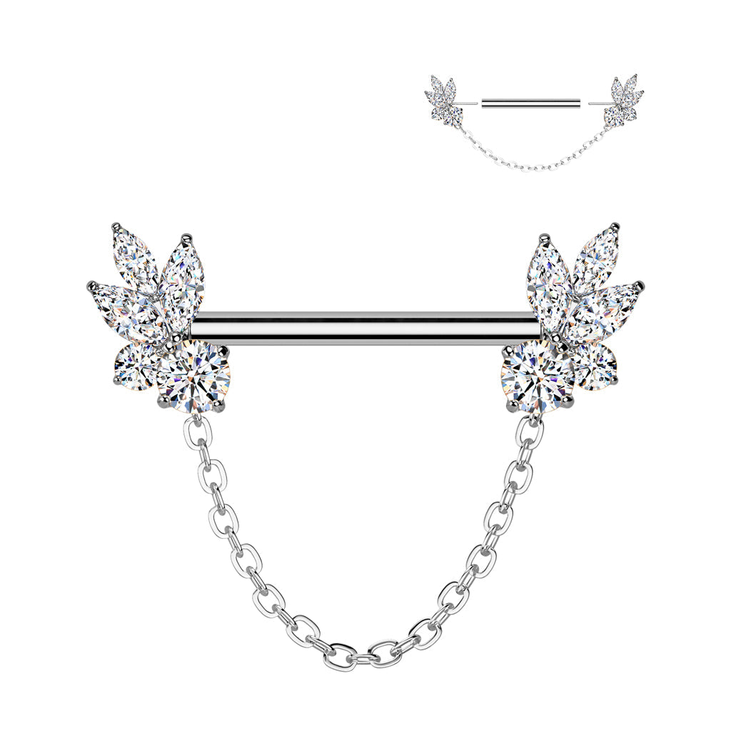 Marquise CZ Fan Nipple Barbell – 316L Surgical Steel 14G Threadless Bar with Chain Dangle, Silver Finish