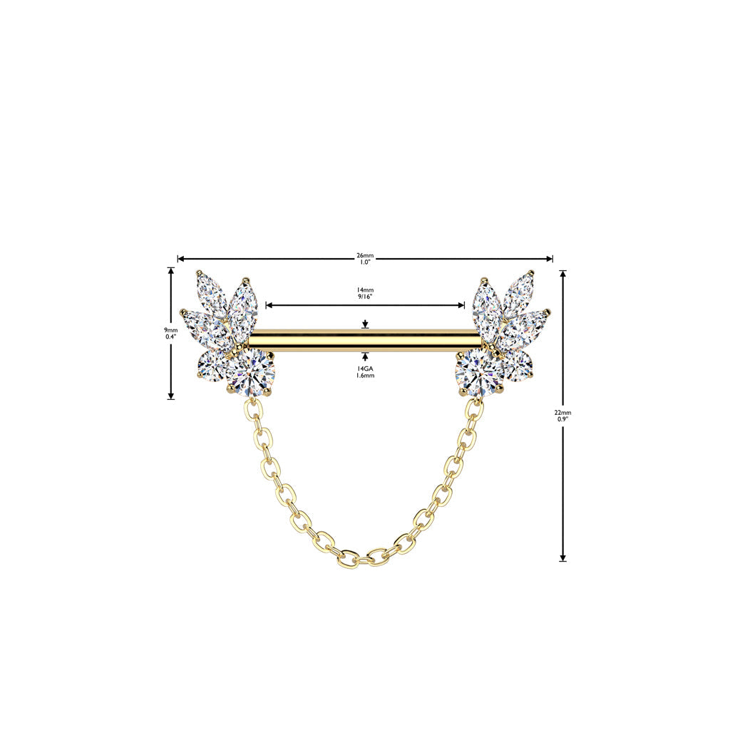 Marquise CZ Fan Nipple Barbell – 316L Surgical Steel 14G Threadless Bar with measurements