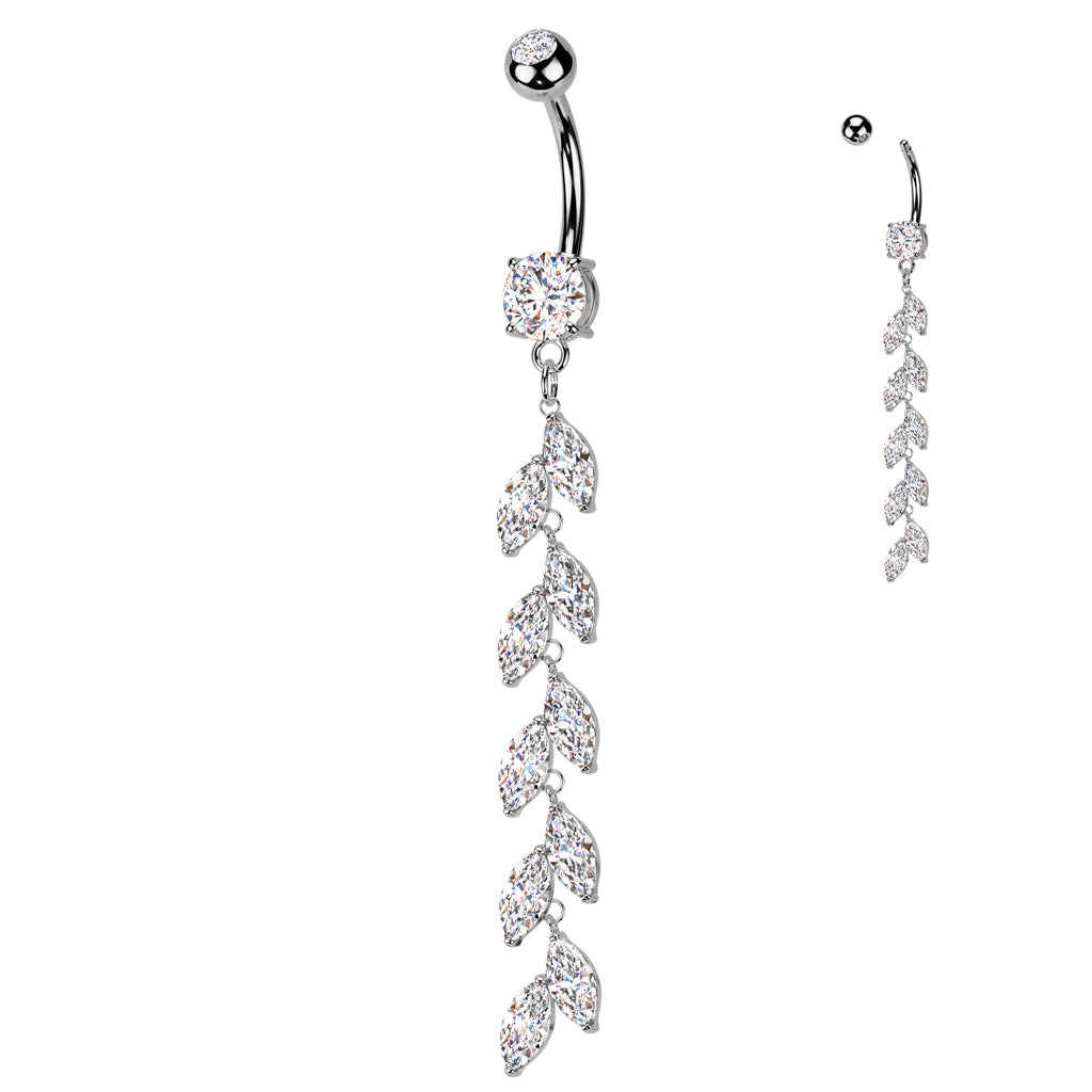 Vine Drop Belly Bar – Silver 316L Surgical Steel with Clear CZ Gem Vine Design
