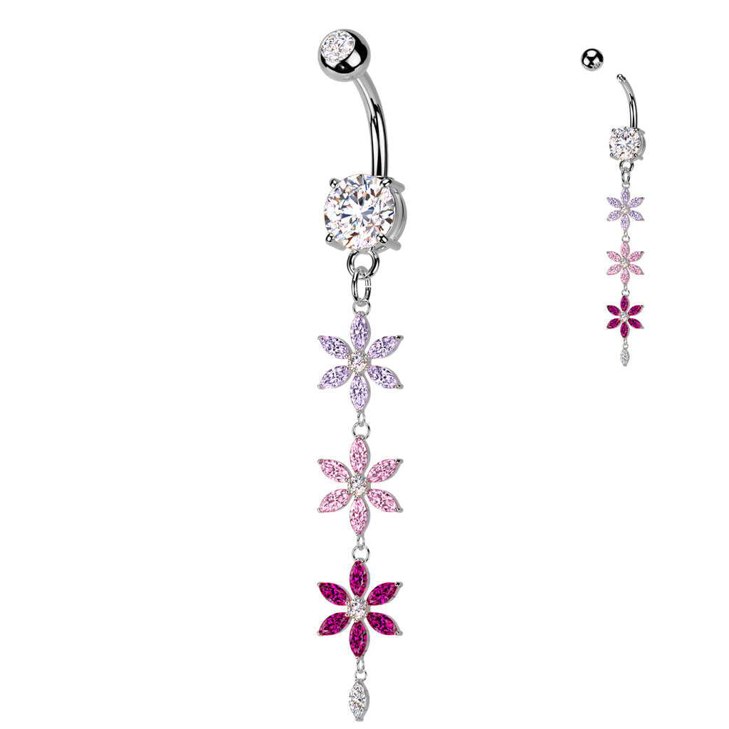 Triple Flower Drop Belly Bar – Silver 316L Surgical Steel with Purple, Pink & Tanzanite CZ Gem Flowers