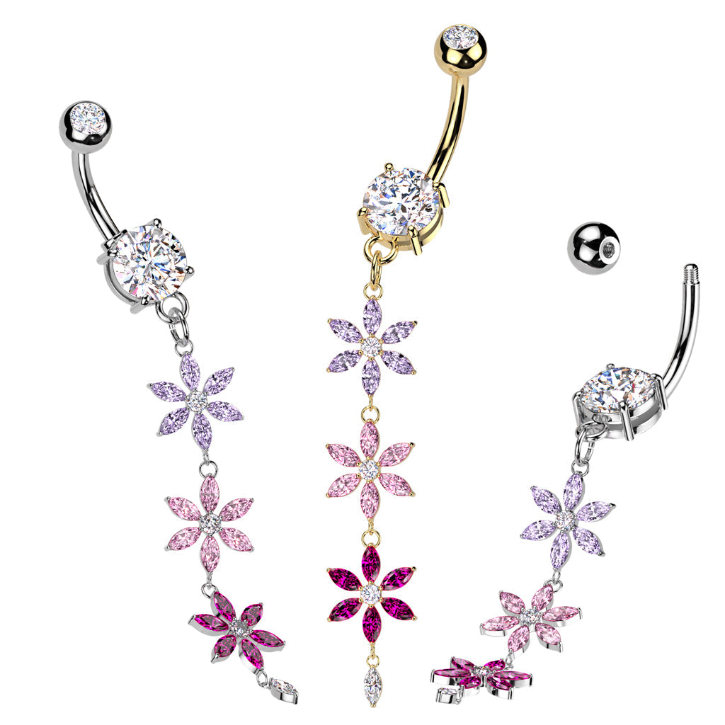 Triple Flower Drop Belly Bar – Silver or Gold 316L Surgical Steel with Purple, Pink & Tanzanite CZ Gem Flowers