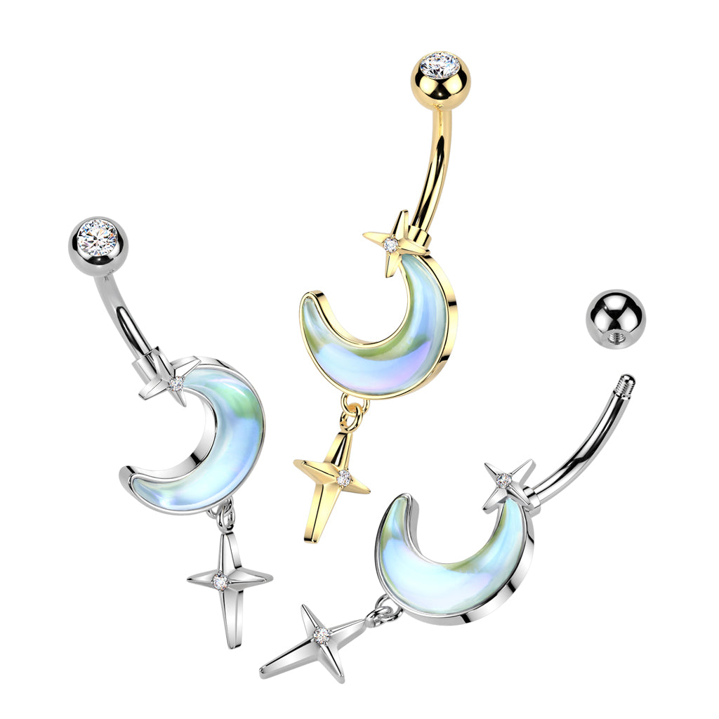Aurora Moon Star Dangle Belly Bar 14G