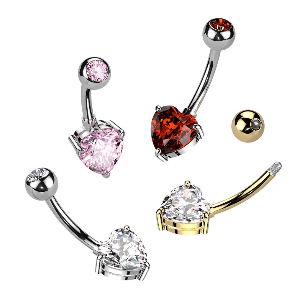 Body Jewelry - Titanium Heart Gem Belly Bar 14G