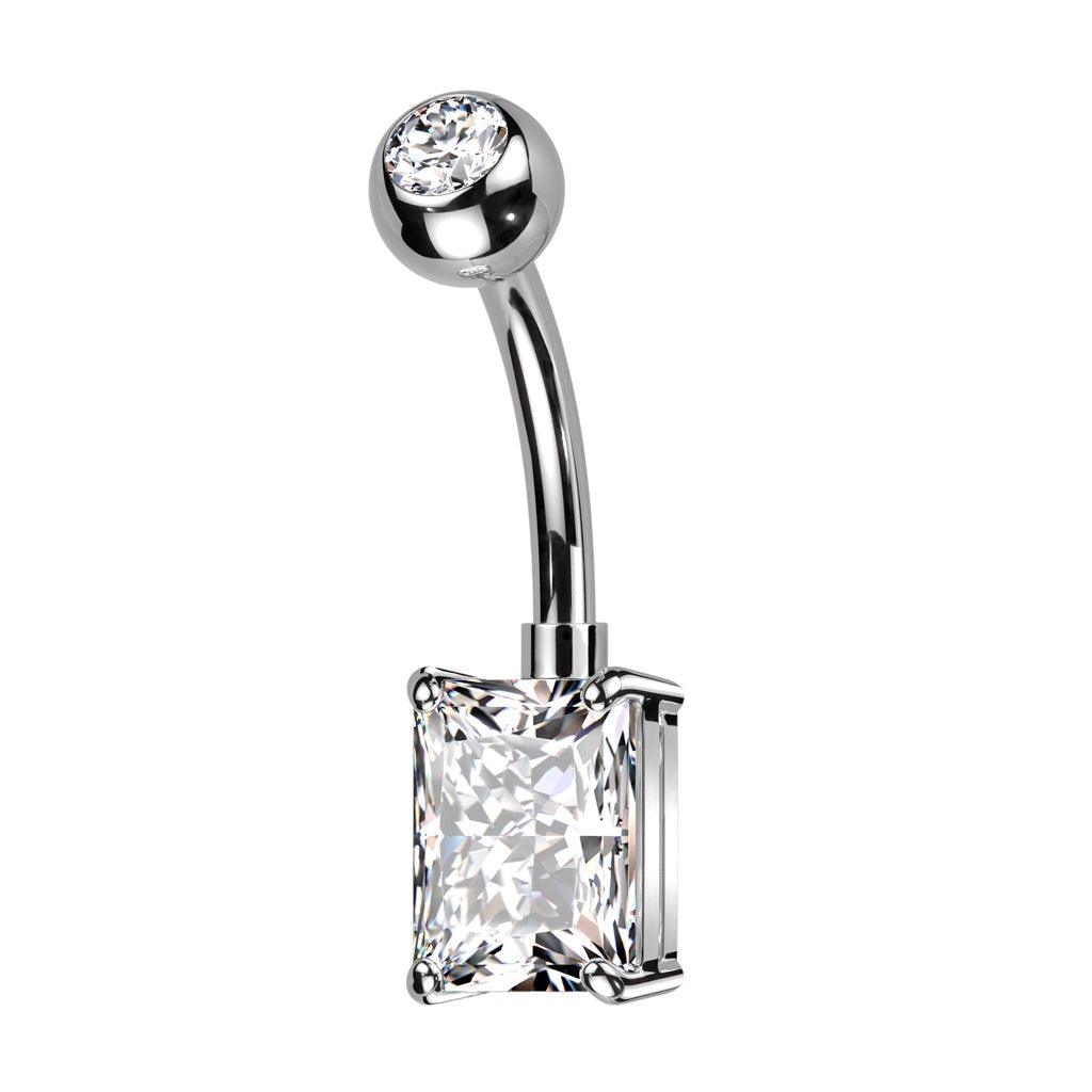 Body Jewelry - Titanium Rectangle Gem Belly Bar 14G