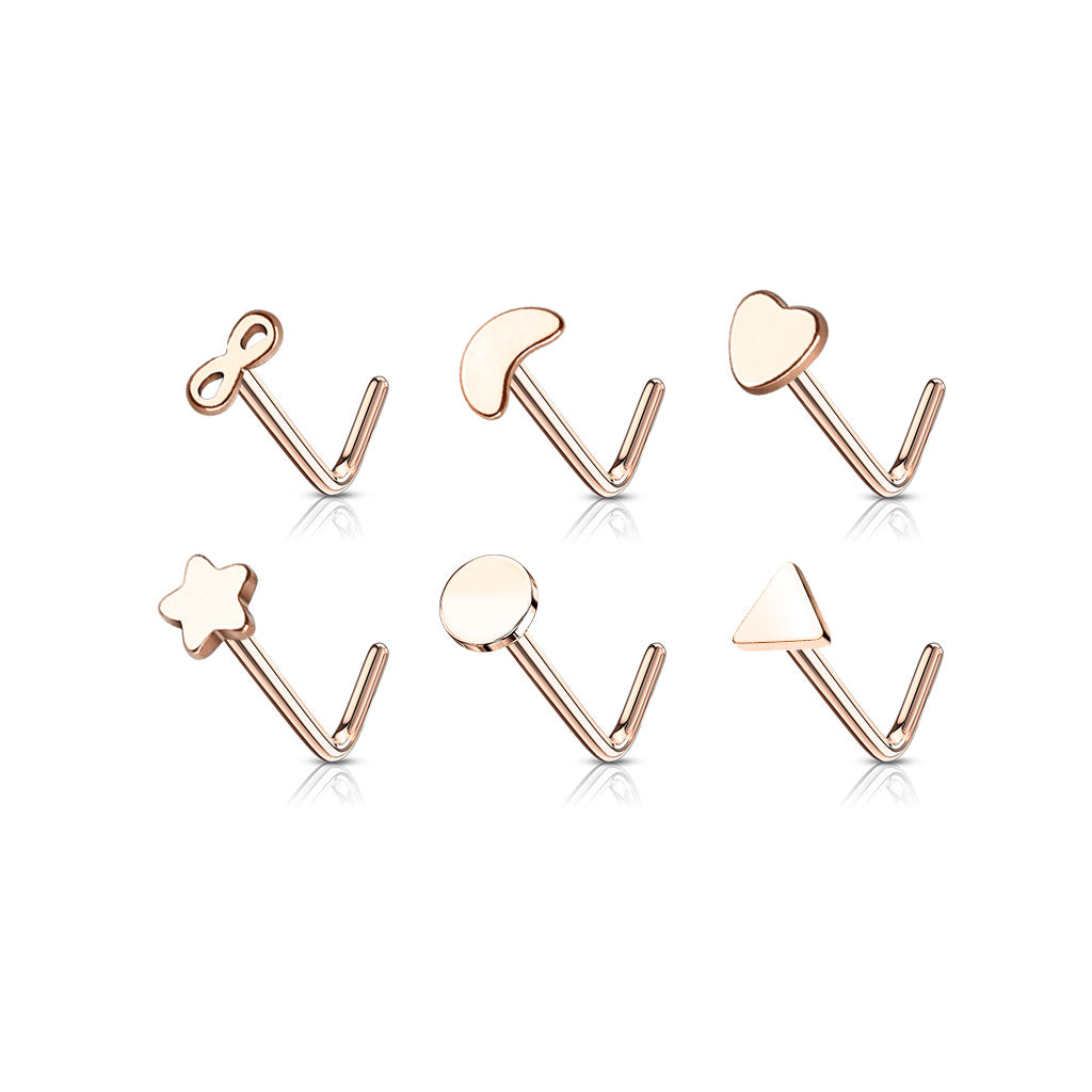 6pc Rose Gold refined 20G L bend nose stud set with clear retainer – MBPJ