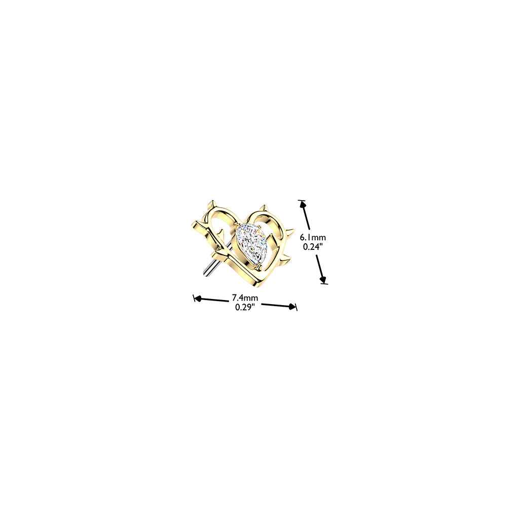 Gold heart-shaped earring with clear gemstone, shown with measurements on a white background.