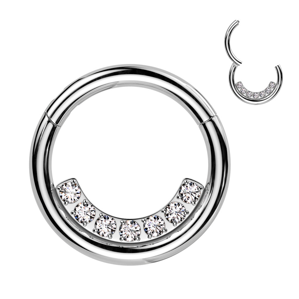 Gem Lined Hinged Ring – Silver PVD 316L Surgical Steel with Clear CZ Gems for Septum, Daith & Helix Piercings