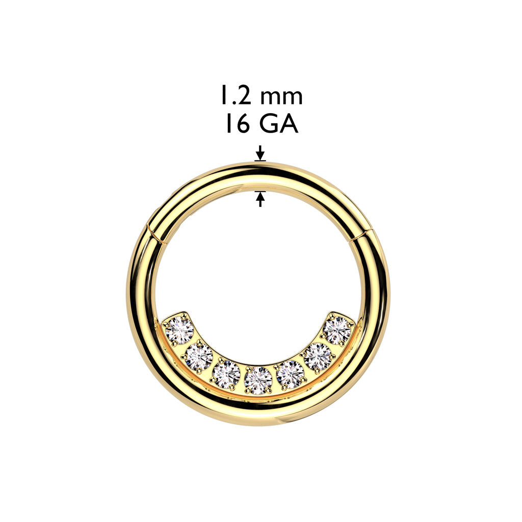 Gem Lined Hinged Ring with measurements – Silver or Gold PVD 316L Surgical Steel with Clear CZ Gems for Septum, Daith & Helix Piercings