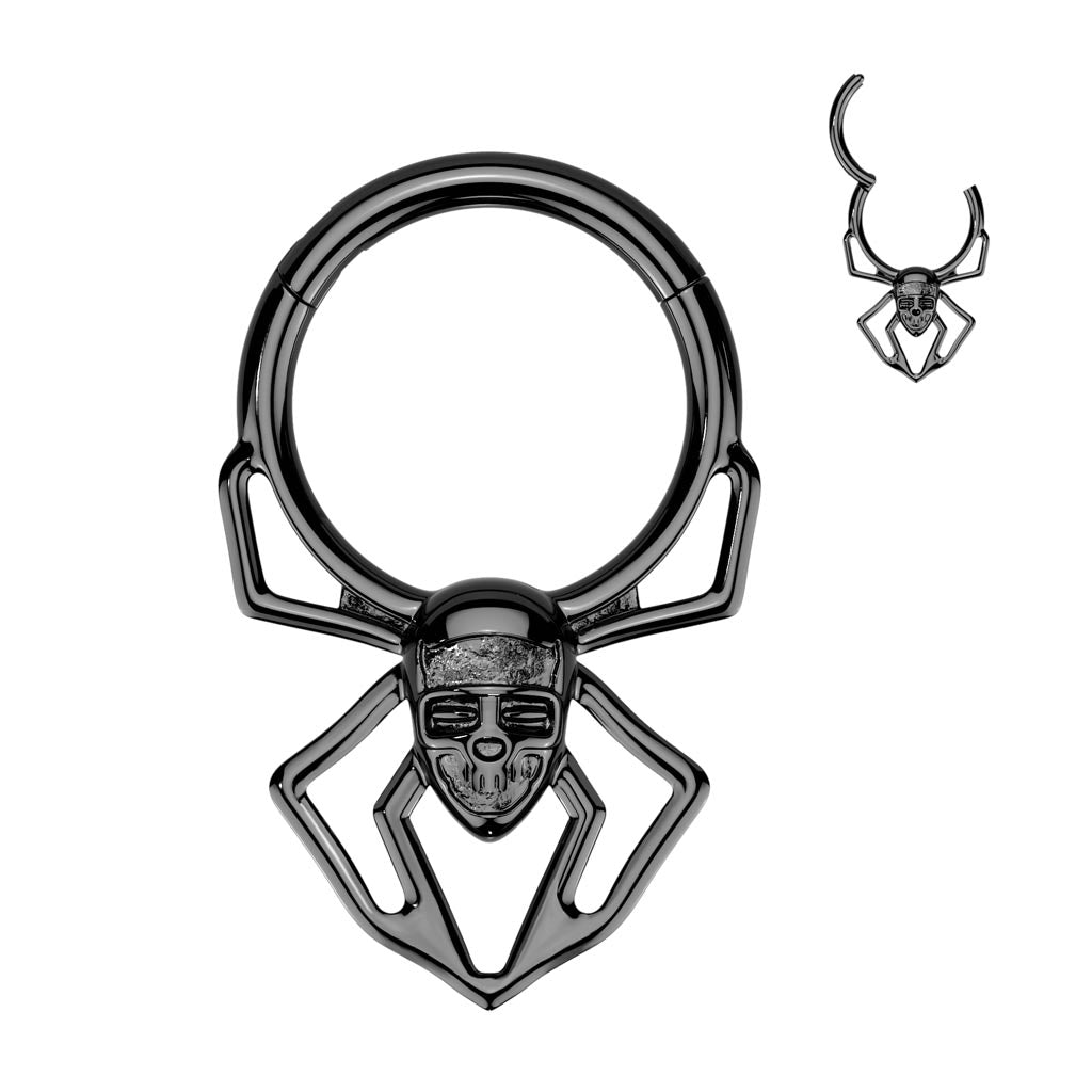 Spider Skull Hinged Ring – Black PVD 316L Surgical Steel Septum, Daith & Helix Piercing