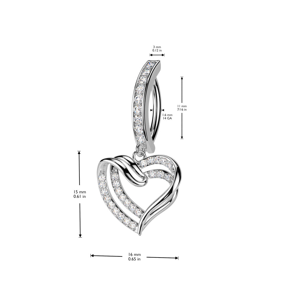 Paved Heart Dangle Hinged Belly Bar 14G