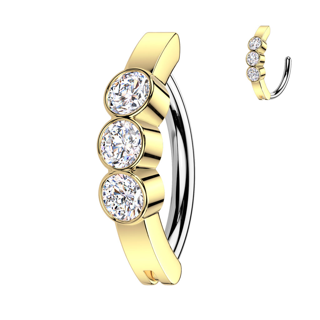 Triple Gem Hinged Belly Bar in Gold – 316L Surgical Steel with Triple CZ Gems