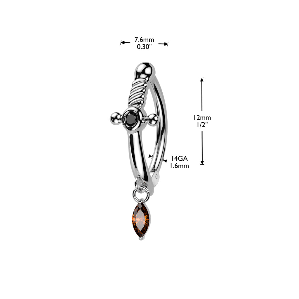 Dagger Hinged Belly Bar – gold PVD 316L surgical steel with CZ stones with measurements