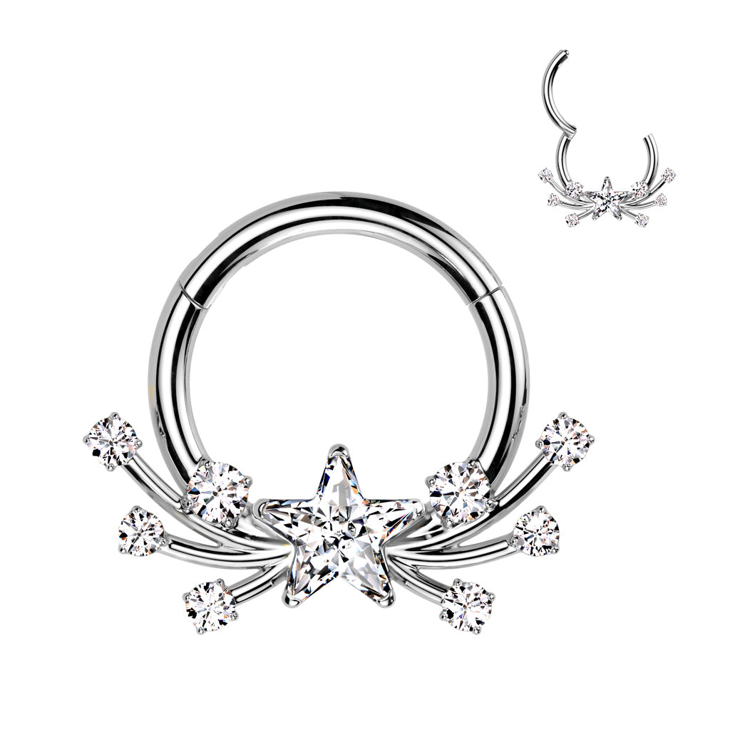 Titanium Shooting Star Hinged Ring – Silver Solid Titanium with Clear CZ Gems for Septum, Daith & Helix Piercings