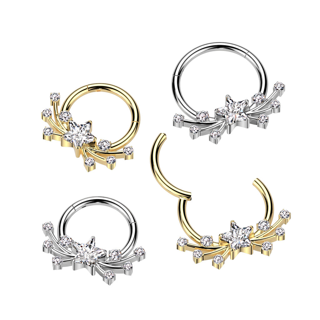 Titanium Shooting Star Hinged Ring – Silver or Gold Solid Titanium with Clear CZ Gems for Septum, Daith & Helix Piercings