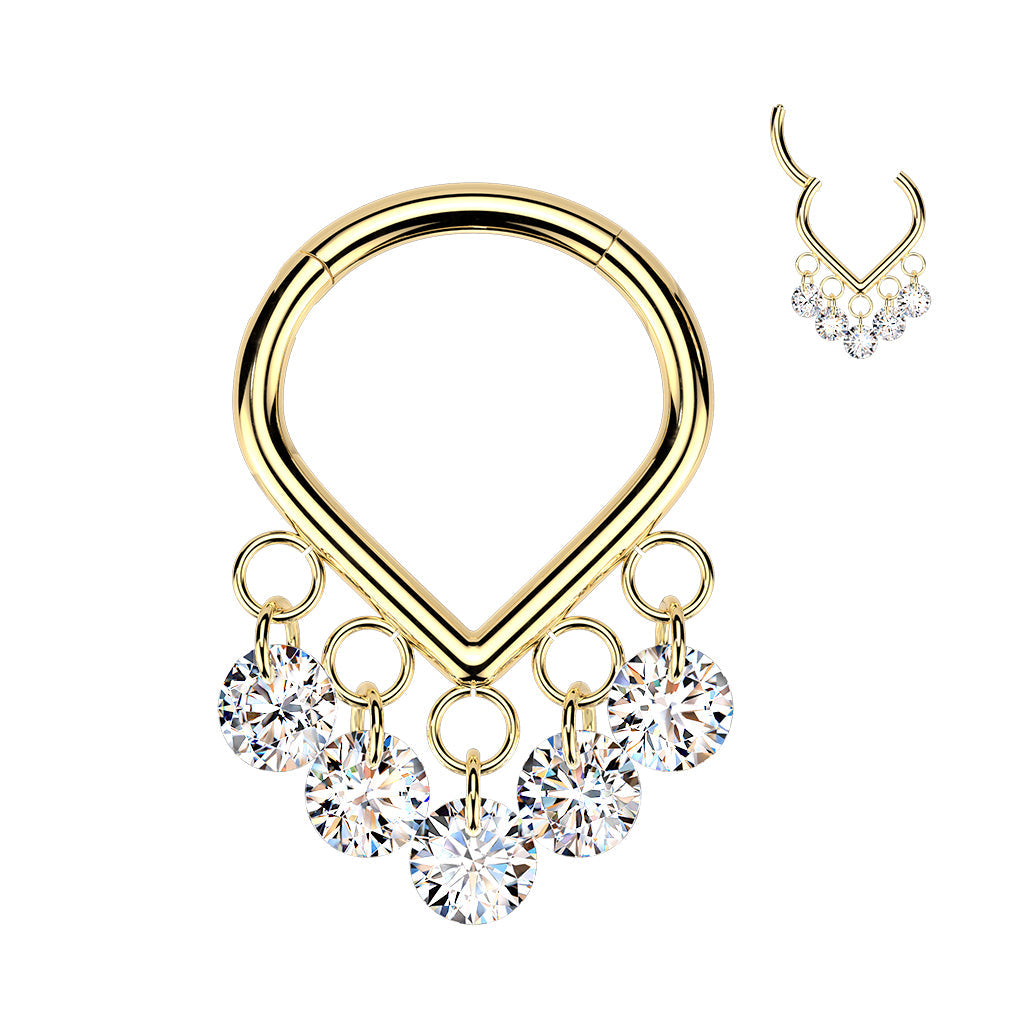 Titanium Chevron Gem Dangle Hinged Ring – Gold PVD Solid Titanium with Clear CZ Gems for Septum, Daith & Helix Piercings