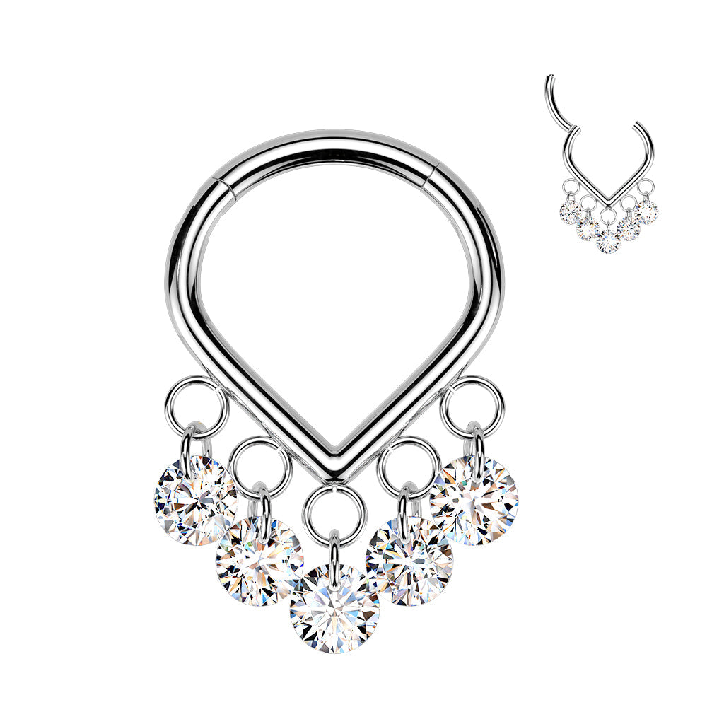 Titanium Chevron Gem Dangle Hinged Ring – Silver PVD Solid Titanium with Clear CZ Gems for Septum, Daith & Helix Piercings