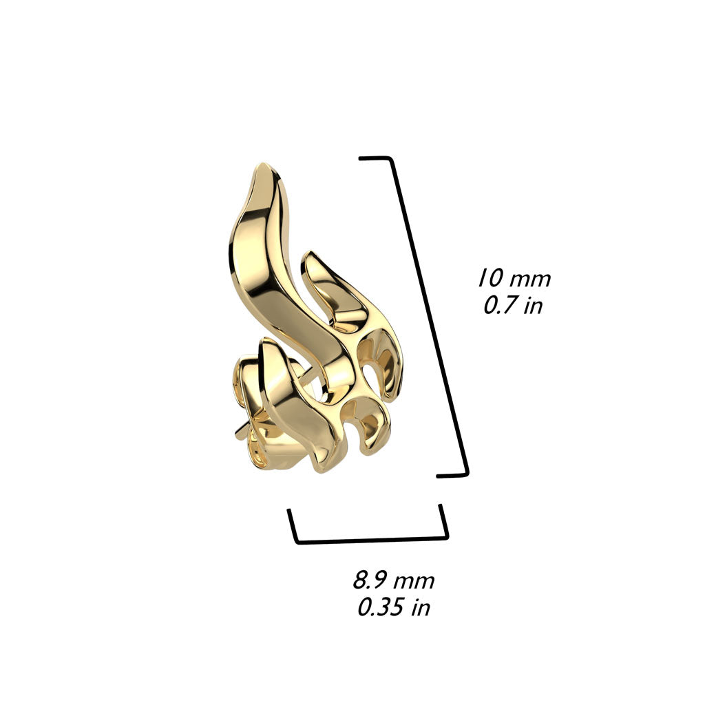 Gold earring with measurements on a white background