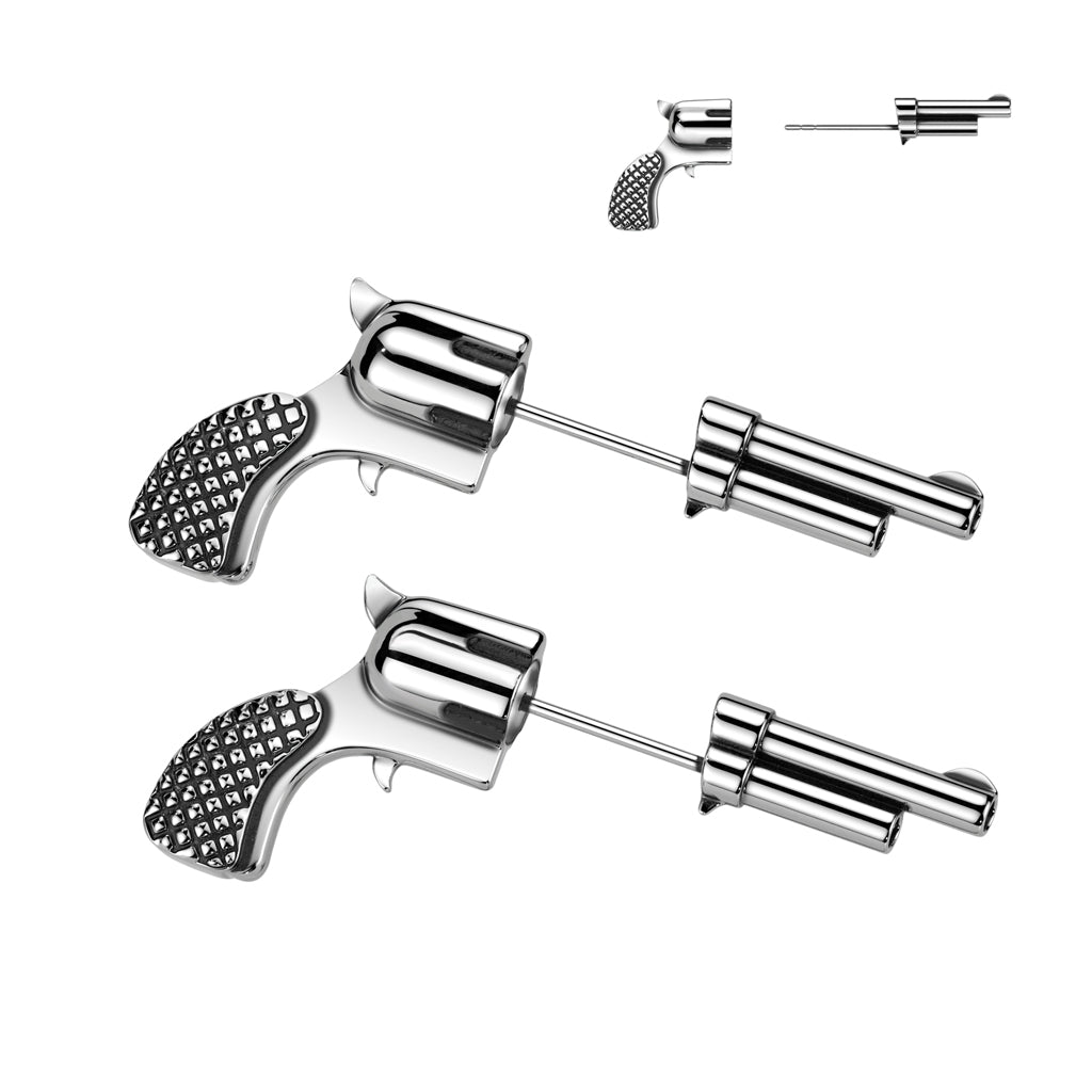 Stainless Steel Pistol Earrings – Silver 316L Surgical Steel Pair with Modern Pistol Design