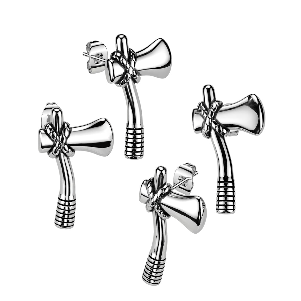 Silver axe-shaped earrings on a white background