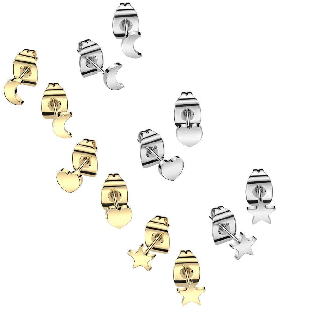 Body Jewelry - Titanium Earrings Pair. Star Moon Heart