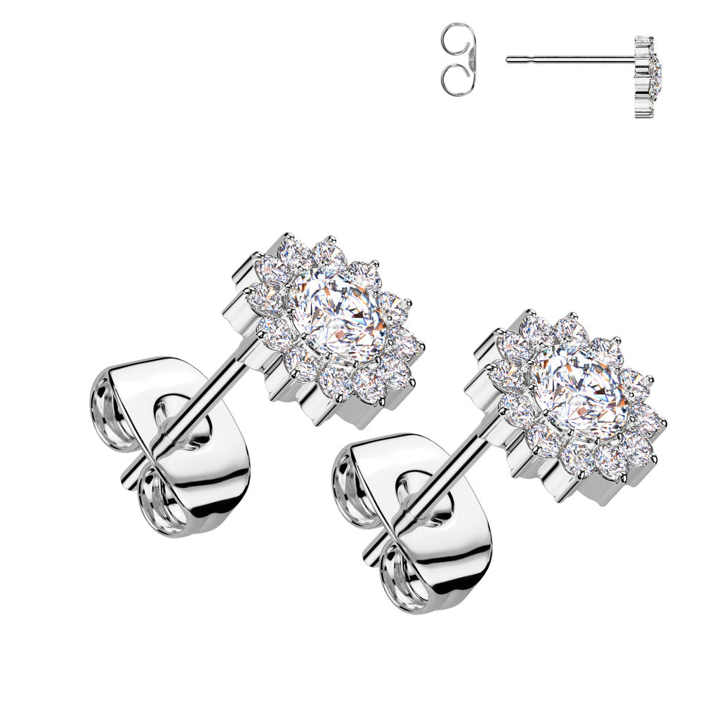 Titanium Gem Flower Stud Earrings Pair