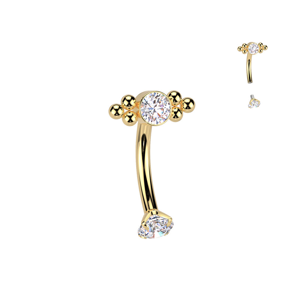 Titanium I.T. Beaded Gem Curve 16G Gold – Solid Titanium with CZ Gems for Eyebrow, Rook & Vertical Labret Piercings