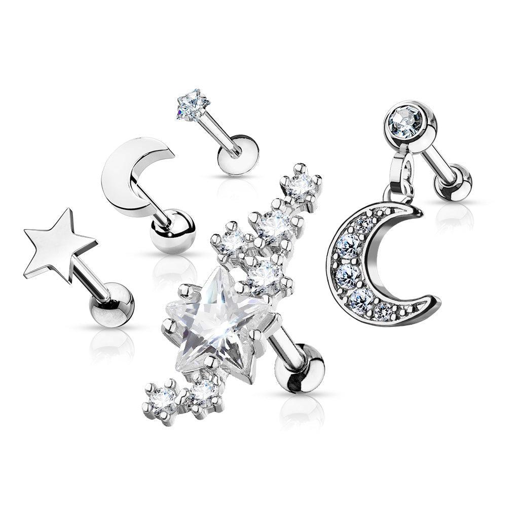 5pc Gem Cartilage Bar Pack 16G-My Body Piercing Jewellery