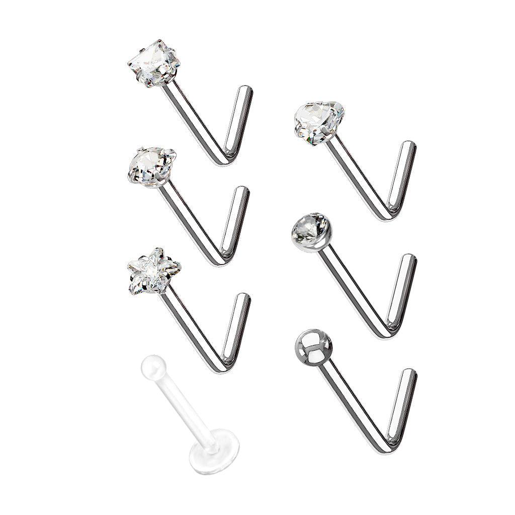 6pc Gem Nose L Bend and Retainer 20G-My Body Piercing Jewellery