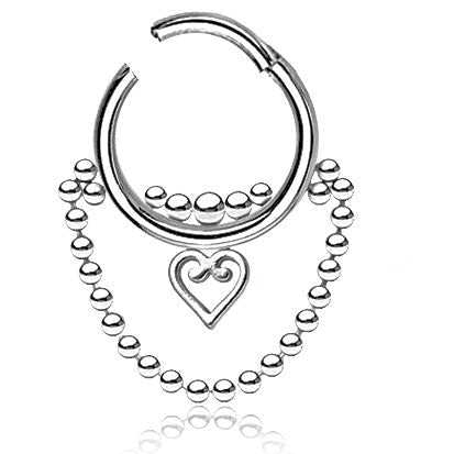 Open Heart Chain Hinged Ring – Silver 316L Surgical Steel with Heart-Link Chain for Septum, Daith & Helix Piercings