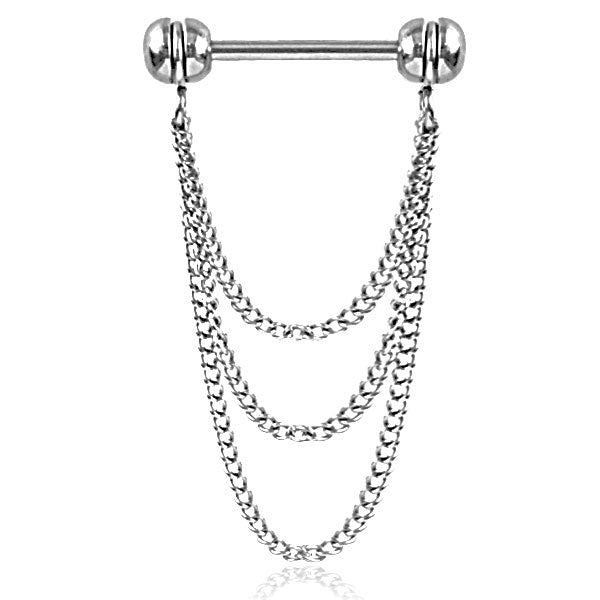 Triple Chain Nipple Dangle – 316L Stainless Steel 14G Barbell with Three Elegant Hanging Chains on white background