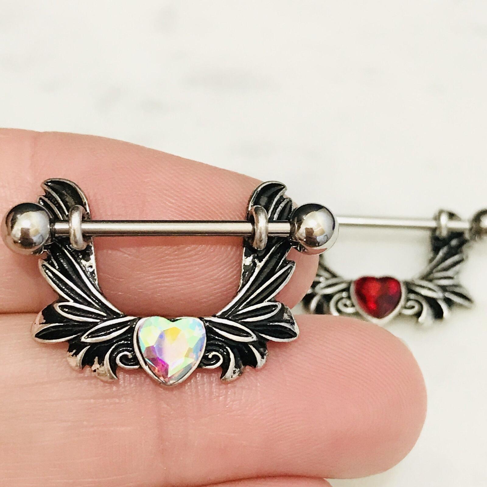 Angel Wings Heart Nipple Dangle 14G 14mm-My Body Piercing Jewellery