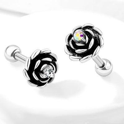 Antique Silver Gem Rose Cartilage Bar-My Body Piercing Jewellery