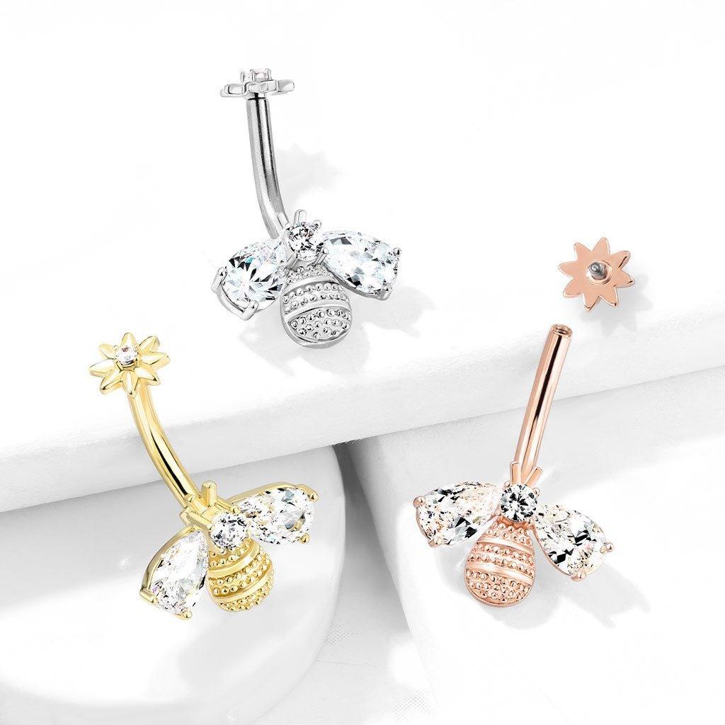 Bee and Flower Belly Bar 14G-My Body Piercing Jewellery