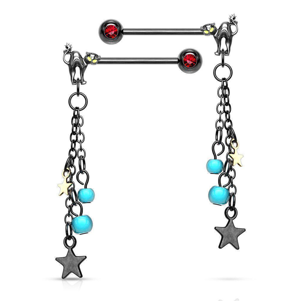 Cat and Stars Nipple Dangle PAIR 14G-My Body Piercing Jewellery